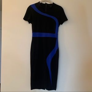 Black dress with blue swirl detail